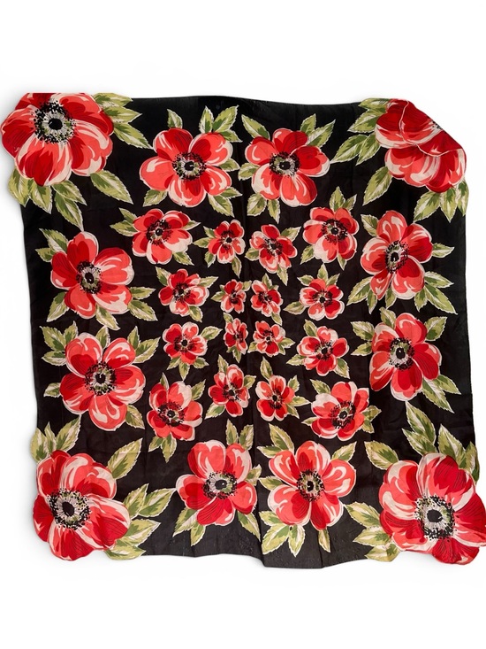 Accessories - Vintage Silk Scarf Red Flowers on Black